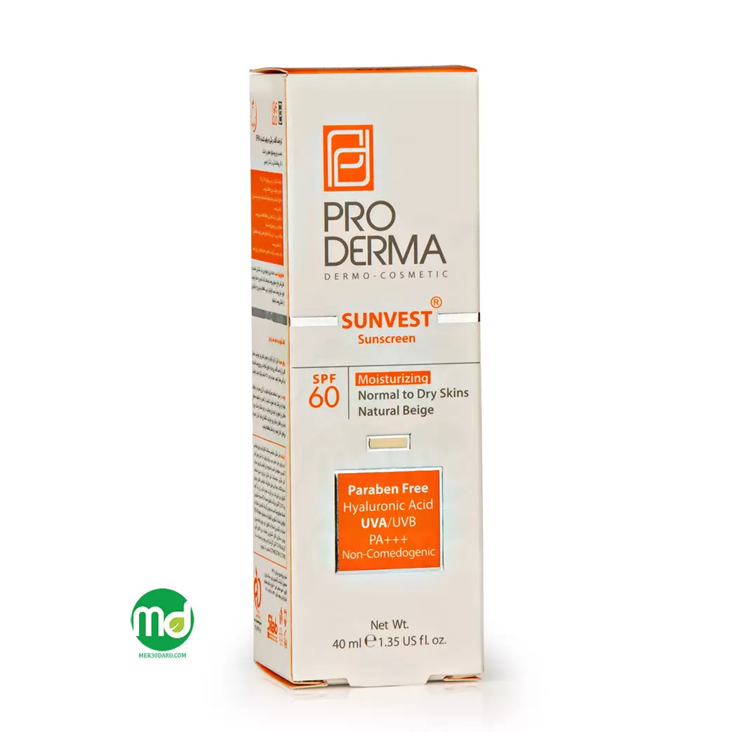 Mer30daru_proderma-sunvest-sunscreen-cream-spf-50.jpg کرم ضد آفتاب پرودرما بژ طبیعی SPF 60 برای پوست نرمال تا خشک - Image 1