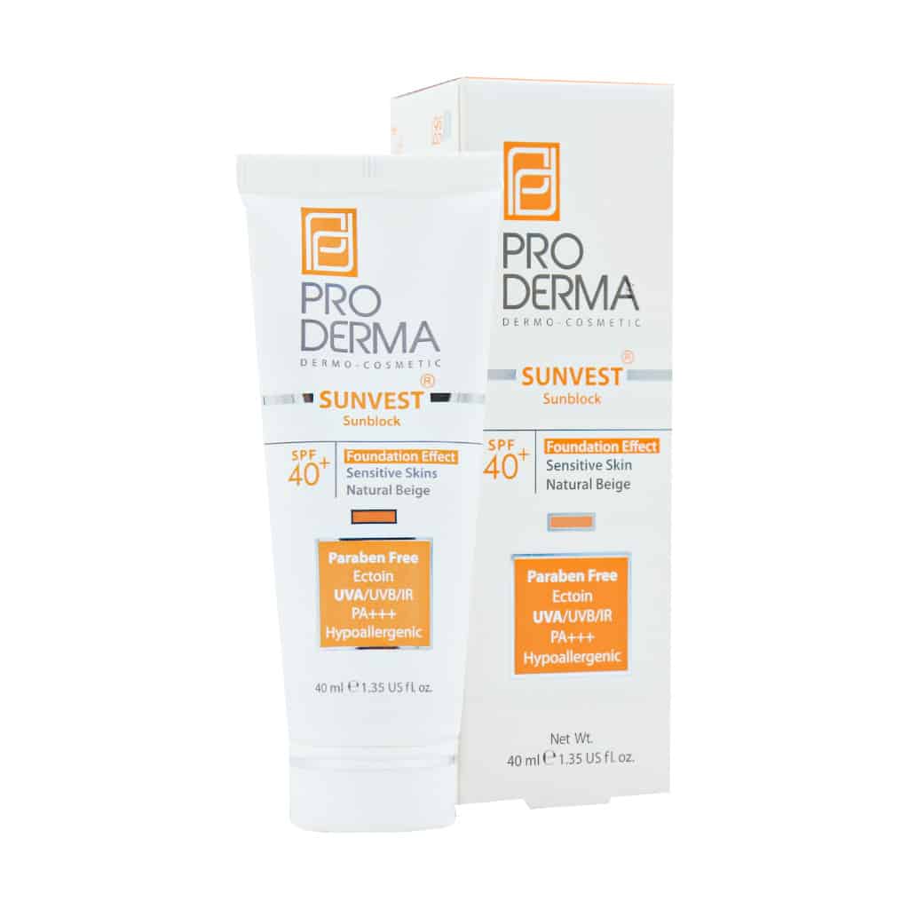 ProDerma-Sunvest-Sunblock-SPF40⁺-Foundation-Effect-Sensitive-Skin-40 کرم ضد آفتاب مینرال رنگی پرودرما ⁺SPF40 مناسب پوست های حساس ۴۰ میلی لیتر - Image 1