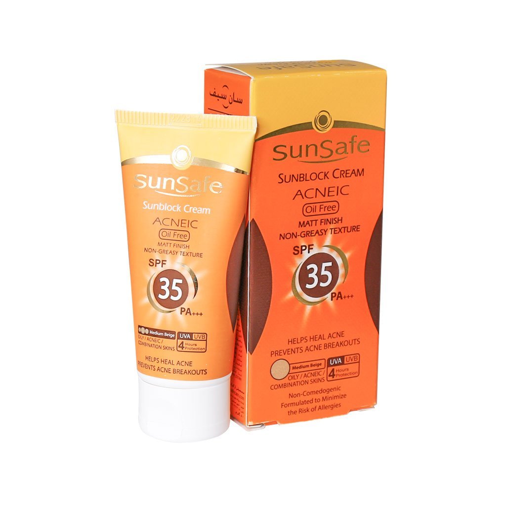 Sunsafe-Sunsblock-Cream-SPF35-Acneic-Oil-Free-m کرم ضد آفتاب SPF35 رنگی فاقد چربی سان سیف مناسب پوست های چرب و آکنه ای ۵۰ میلی لیتر - Image 1